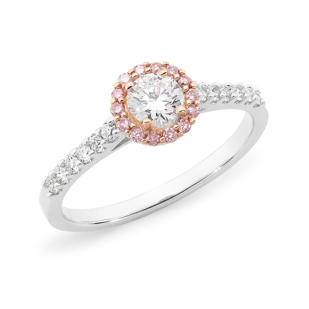 18ct White Gold Halo Diamond Ring with Rose Gold setting.