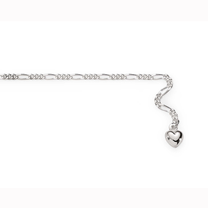 Sterling Silver 1:3 Figaro Link Anklet With Puffed Heart Charm