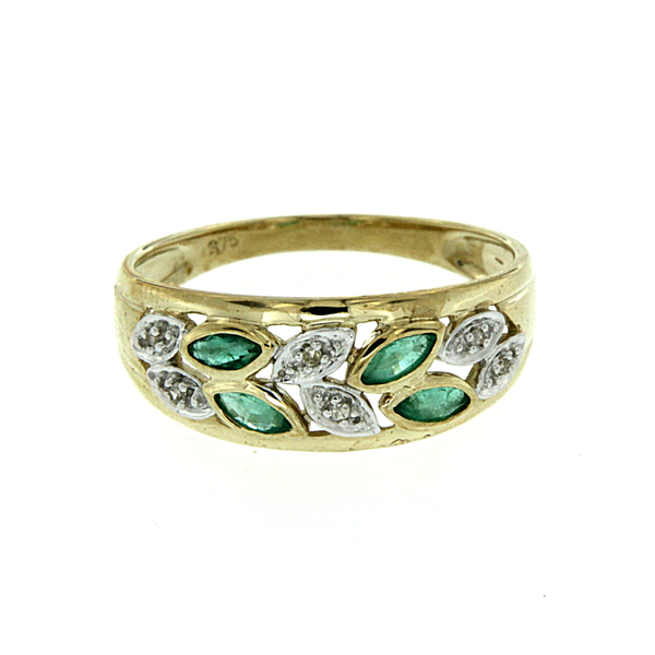 9ct Gold Marquise-Shape Natural Emerald And Diamond Leaf Band