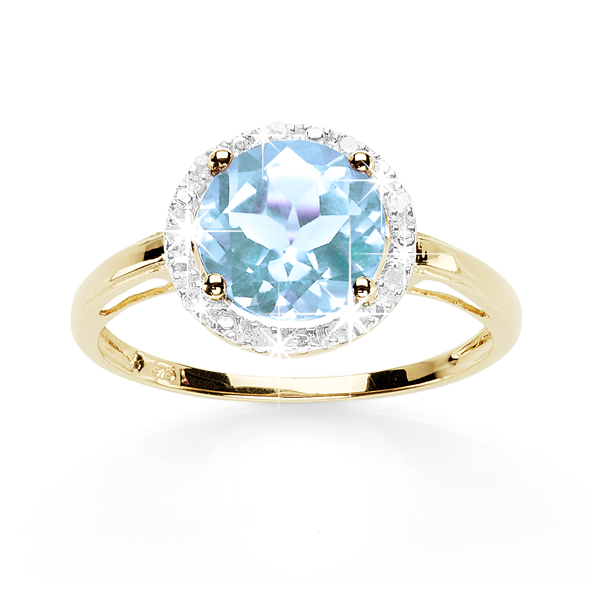 9ct Gold Round Natural Blue Topaz And Diamond Halo Ring