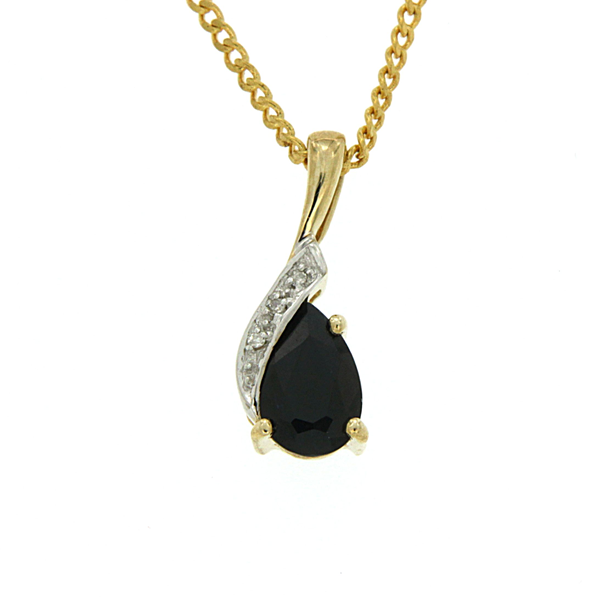9ct Gold Natural Sapphire And Diamond Flame Pendant