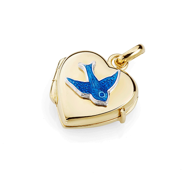 Gold Plated Sterling Silver Heart-Shape Hinged Locket With Enamelled Bluebird