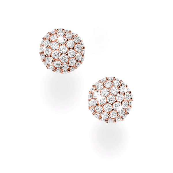 Sterling Silver Rose Plated Pave White Cubic Zirconia Set Button Stud Earrings
