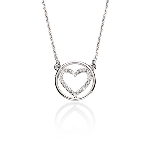 Sterling Silver 0.02ct Pave Diamond Heart With Polished Circle Pendant