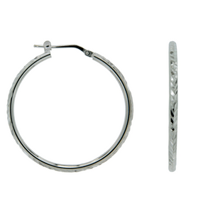 Sterling Silver 30mm Round Tube With Diamond Cut Top Hoop Earrings