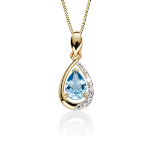 9ct Yellow Gold Claw Set Pear Shaped Blue Topaz & Pave Diamond Pendant