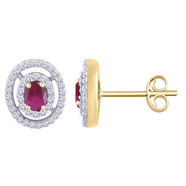 Yellow Gold Claw Set Oval Ruby With Double Halo Pave Diamond Set Pendant