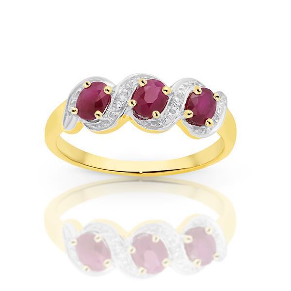 Yellow Gold Claw Set 3 Stone Oval Ruby & Pave Diamond Ring