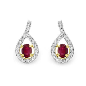 Yellow Gold Claw Set Pear Shaped Ruby & Pave Diamond Surround Studs