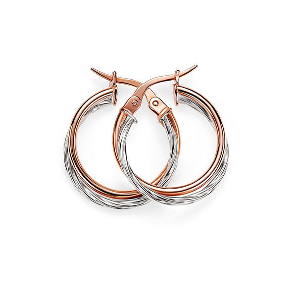 9ct 2 Tone Rose Gold/White Gold 15mm Double Tube Polished/Twist Crossover Hoop Earrings