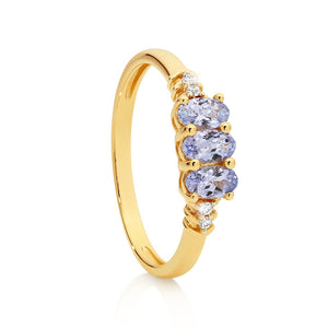 MP5869 9ct Yellow Gold Tanzanite (3 Oval 5x3mm) and Diamonds 4Rd=0.03ct Ring