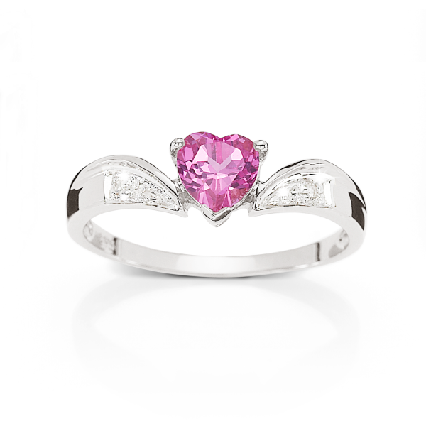 Sterling Silver Heart Shaped Pink Cubic Zirconia & Diamond Ring