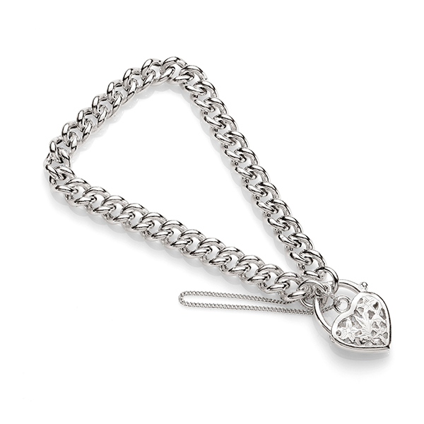 Sterling Silver Medium Curb Filigree Padlock Bracelet