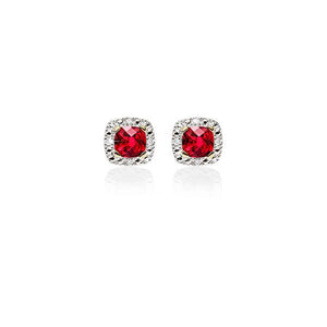 MP4818 9ct YG ceated ruby and diamond cushion shape halo stud earrings